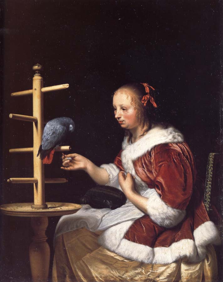 A Woman in a Red Jacket Feeding a Parrot